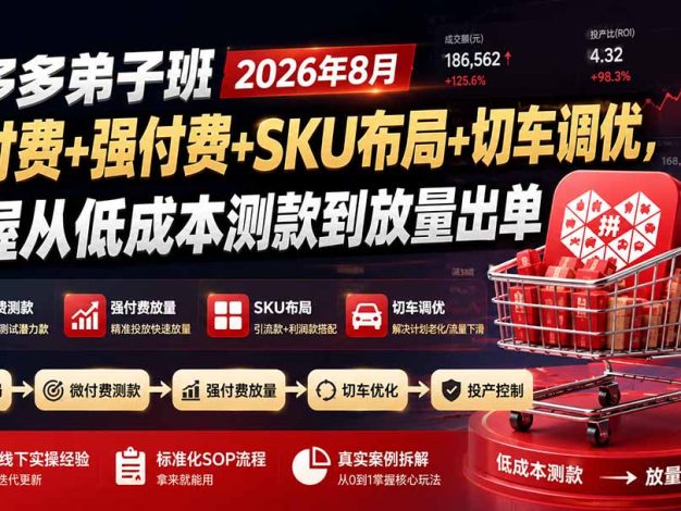 拼多多弟子班2026年8月：微付费+强付费+SKU布局+切车调优，掌握从低成本测款到放量出单