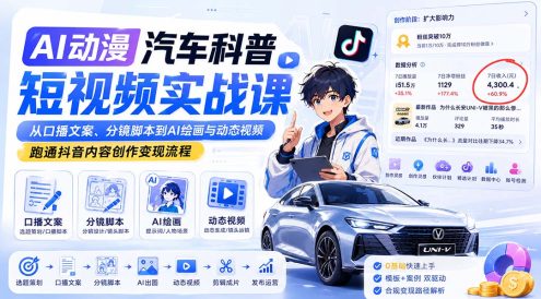 AI动漫汽车科普短视频实战课：从口播文案、分镜脚本到AI绘画与动态视频，跑通抖音内容创作变现流程