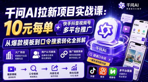 千问AI拉新项目实战课-更新8月：10元每单+快手抖音视频号多平台推广，从爆款模板到口令搜索转化全拆解