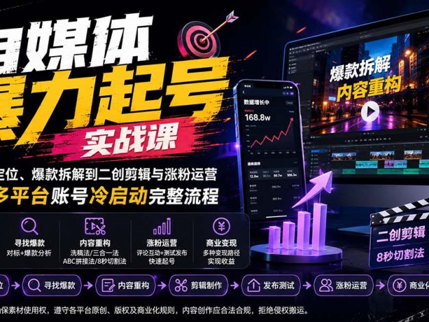 自媒体暴力起号实战课：从赛道定位、爆款拆解到二创剪辑与涨粉运营，跑通多平台账号冷启动完整流程