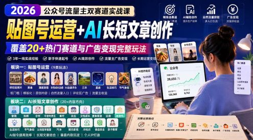 公众号流量主双赛道实战课：贴图号运营+AI长短文章创作，覆盖20+热门赛道与广告变现完整玩法