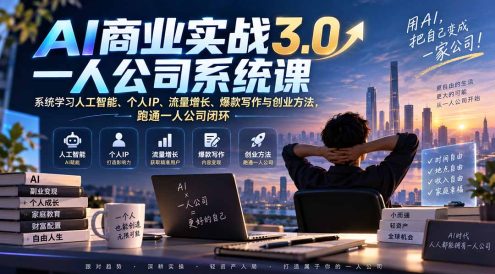 AI商业实战3.0一人公司系统课：系统学习人工智能、个人IP、流量增长、爆款写作与创业方法，跑通一人公司闭环