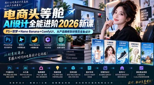 电商头等舱AI设计全能进阶2026新课:PS+即梦+Nano Banana+ComfyUI,从产品精修到详情页全案设计