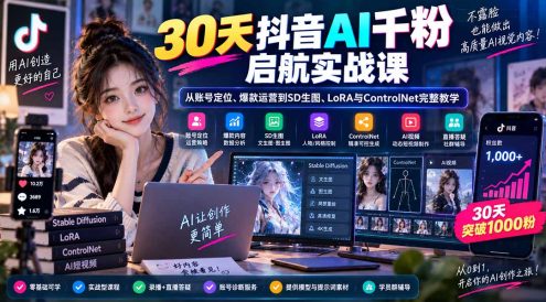 30天抖音AI千粉启航实战课:从账号定位、爆款运营到SD生图、LoRA与ControlNet完整教学