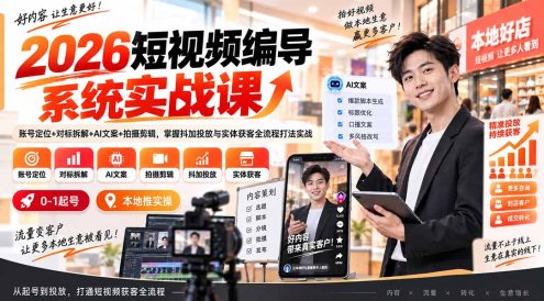 2026短视频编导系统实战课:账号定位+对标拆解+AI文案+拍摄剪辑,掌握抖加投放与实体获客全流程打法实战