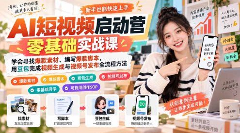 AI短视频启动营零基础实战课:学会寻找爆款素材、编写爆款脚本,用豆包完成视频生成与视频号发布全流程方法