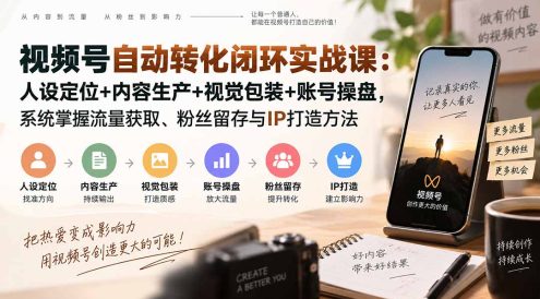 视频号自动转化闭环实战课:人设定位+内容生产+视觉包装+账号操盘,系统掌握流量获取、粉丝留存与IP打造方法