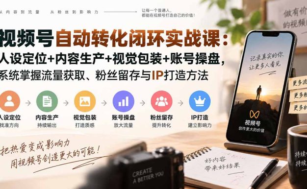 视频号自动转化闭环实战课：人设定位+内容生产+视觉包装+账号操盘，系统掌握流量获取、粉丝留存与IP打造方法