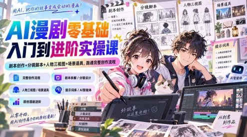 AI漫剧零基础入门到进阶实操课:剧本创作+分镜脚本+人物三视图+场景道具,跑通完整创作流程