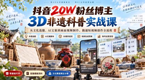抖音20W粉丝博主3D非遗科普实战课:从文化选题、AI文案到画面视频制作,跑通短视频创作全流程