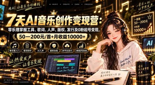 AI音乐创作变现营:零乐理掌握工具、歌词、人声、版权、发行及0粉起号变现,50—200元/首+月收益10000+