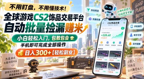 全球游戏CS2饰品交易平台自动批量捡漏赚米,小白轻松入门,包教包会,手机即可完成全部操作,日入300+【轻松副业】