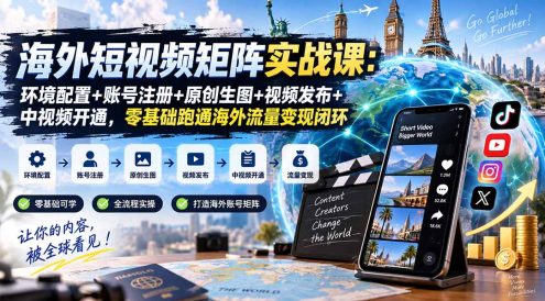 海外短视频矩阵实战课：环境配置+账号注册+原创生图+视频发布+中视频开通，零基础跑通海外流量变现闭环