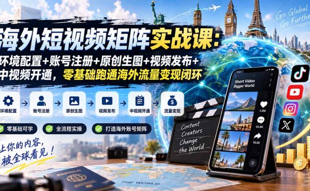 海外短视频矩阵实战课：环境配置+账号注册+原创生图+视频发布+中视频开通，零基础跑通海外流量变现闭环