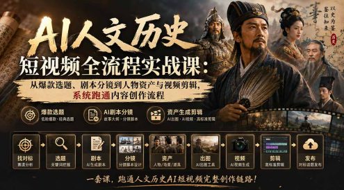 AI人文历史短视频全流程实战课-更新：从爆款选题、剧本分镜到人物资产与视频剪辑，系统跑通内容创作流程