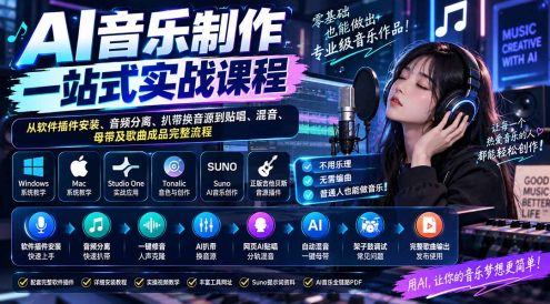 AI音乐制作一站式实战课程:从软件插件安装、音频分离、扒带换音源到贴唱、混音、母带及歌曲成品完整流程