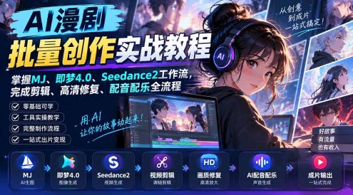 AI漫剧批量创作实战教程：掌握MJ、即梦4.0、Seedance2工作流，完成剪辑、高清修复、配音配乐全流程