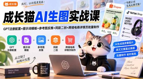 成长猫AI生图实战课｜GPT注册配置+提示词模板+参考图反推+同款二创+跨境电商详情页批量制作