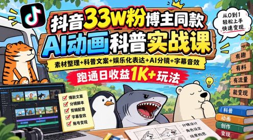 抖音33W粉博主同款AI动画科普实战课|素材整理+科普文案+娱乐化表达+AI分镜+字幕音效,跑通日收益1K+玩法
