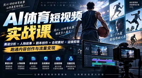 AI体育短视频赛道顶级玩法｜赛道分析+人物故事+剧本创作+版权处理+运镜剪辑，跑通流量变现-日赚1K+