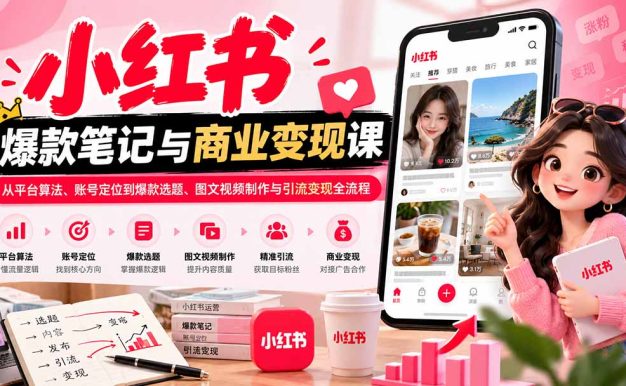 2026小红书爆款笔记与商业变现课：从平台算法、账号定位到爆款选题、图文视频制作与引流变现全流程