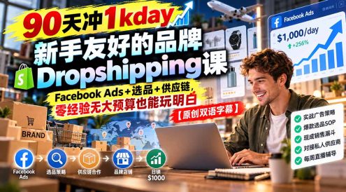 90天冲1kday 新手友好的品牌Dropshipping课:Facebook Ads+选品+供应链,零经验无大预算也能玩明白【原创双语字幕】