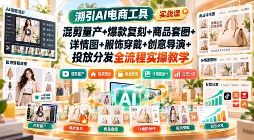 溯引AI电商工具实战课:混剪量产+爆款复刻+商品套图+详情图+服饰穿戴+创意导演+投放分发全流程实操教学