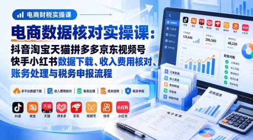 电商数据核账实操课:抖音淘宝天猫拼多多京东视频号快手小红书数据下载、收入费用核对、账务处理与税务申报流程