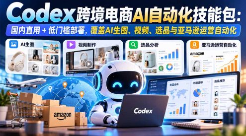 【无水印】Codex跨境电商AI自动化技能包:国内直用+低门槛部署,覆盖AI生图、视频、选品与亚马逊运营自动化