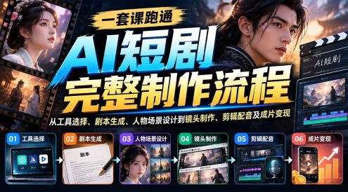 一套课跑通AI短剧完整制作流程:从工具选择、剧本生成、人物场景设计到镜头制作、剪辑配音及成片变现