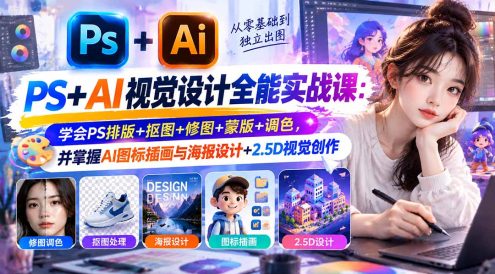 【无水印】PS+AI视觉设计全能实战课:学会PS排版+抠图+修图+蒙版+调色,并掌握AI图标插画与海报设计+2.5D视觉创作
