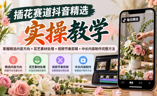 插花赛道抖音精选实操教学：掌握精选内容方向+花艺素材处理+视频节奏剪辑+中长内容制作完整方法