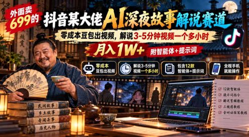 外面卖699抖音某大佬AI深夜故事解说赛道-更新：0成本豆包出视频+解说3-5分钟视频一个多小时，月入1W+附智能体+提示词