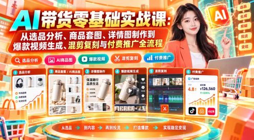 AI带货零基础实战课：从选品分析、商品套图、详情图制作到爆款视频生成、混剪复刻与付费推广全流程