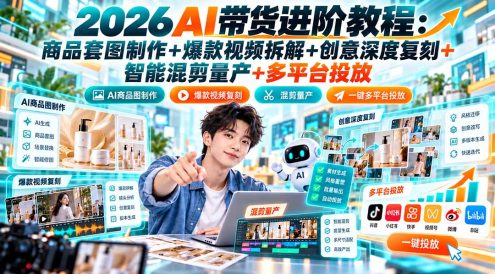 2026AI带货进阶教程：商品套图制作+爆款视频拆解+创意深度复刻+智能混剪量产+多平台投放