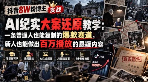 抖音8W粉博主AI纪实大案还原教学：一条普通人也能复制的爆款赛道，新人也能做出百万播放的悬疑内容