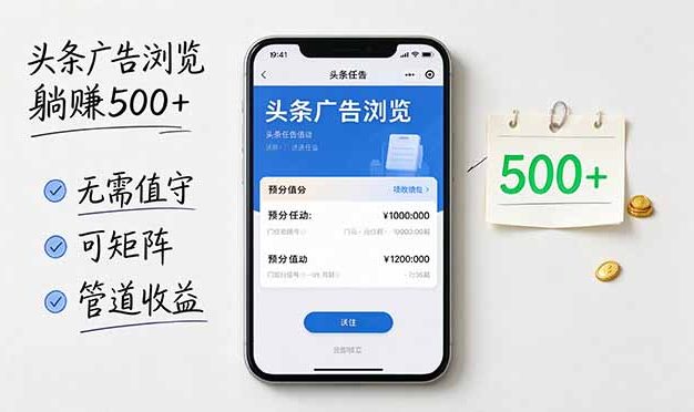 头条广告浏览躺赚500+无需值守，可矩阵并附有管道收益