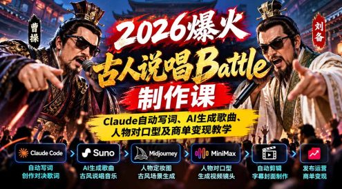 2026爆火古人说唱Battle制作课:Claude自动写词、AI生成歌曲、人物对口型及商单变现教学