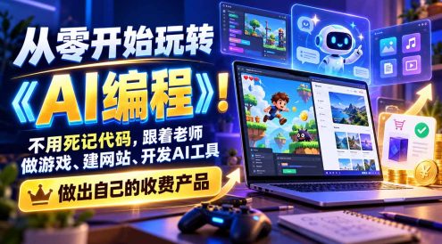 从零开始玩转《AI编程》！不用死记代码，跟着老师做游戏、建网站、开发AI工具，最后完成自己的收费产品