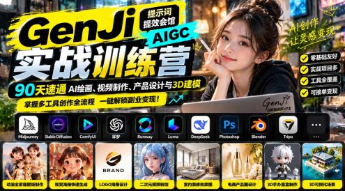 GenJi AIGC实战训练营：90天速通AI绘画、视频制作、产品设计与3D建模，掌握多工具创作全流程