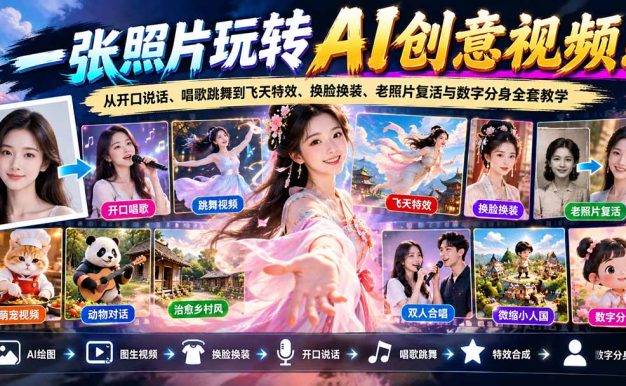 一张照片玩转AI创意视频!从开口说话、唱歌跳舞到飞天特效、换脸换装、老照片复活与数字分身全套教学