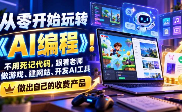 从零开始玩转《AI编程》!不用死记代码,跟着老师做游戏、建网站、开发AI工具,最后完成自己的收费产品