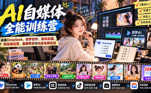 【无水印】AI+自媒体全能训练营:涵盖DeepSeek、即梦创作、剪映剪辑、短视频运营、直播带货与抖店电商实战