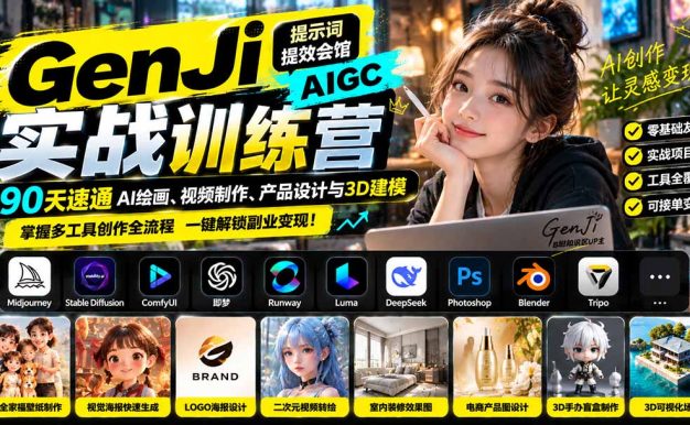 GenJi AIGC实战训练营:90天速通AI绘画、视频制作、产品设计与3D建模,掌握多工具创作全流程