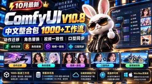 10月最新ComfyUI V10.8中文整合包 1000+工作流 动作迁移 角色替换 视频一致性 口型同步 低显存可用
