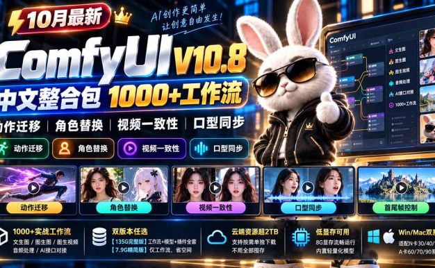 10月最新ComfyUI V10.8中文整合包 1000+工作流 动作迁移 角色替换 视频一致性 口型同步 低显存可用