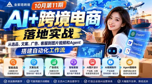 2026 AI+跨境电商落地实战10月第11期:从选品、文案、广告、客服到图片视频和Agent,搭建自动化工作流