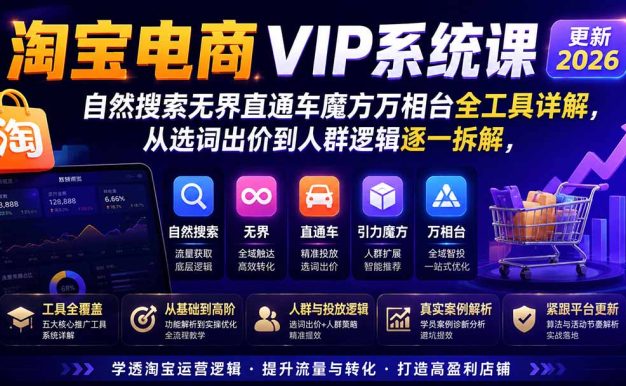 2026淘宝电商终局之战VIP课-更新1029:自然搜索+直通车+无界+精准人群,系统掌握测款动销与全店推广布局方法