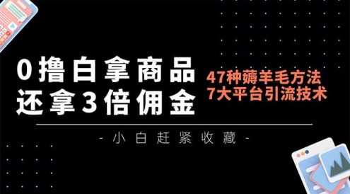 0撸白拿商品，还拿3倍佣金，47种薅羊毛方法，7大平台全方位引流技术教学，精专月入过万