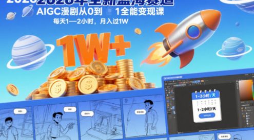 2026年全新蓝海赛道AIGC漫剧从0到1全能变现课，每天1—2小时，月入过1W